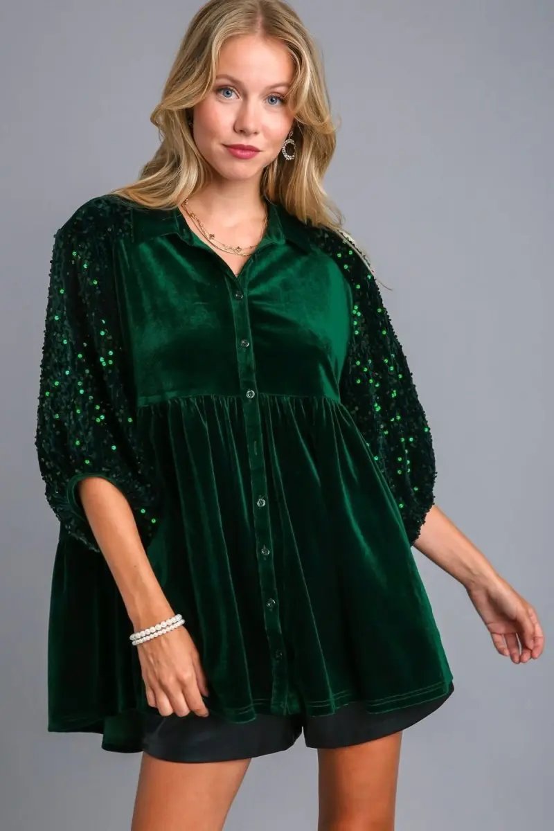 Umgee Sequin Detail Tiered Back Half Sleeve Shirt Women - Love Salve